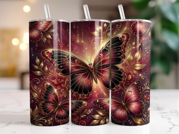 Burgundy Gold Butterfly Tumbler Wrap PNG