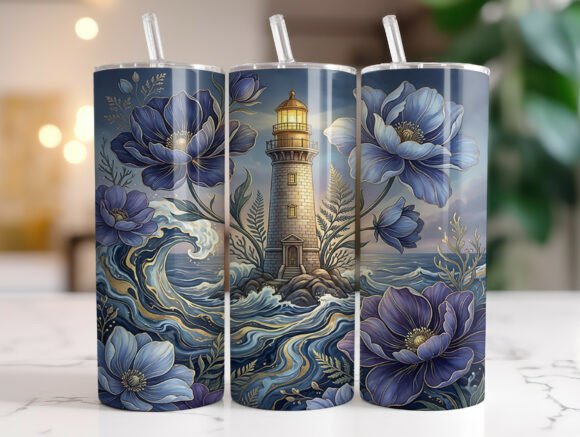 Coastal Lighthouse Blue Floral Tumbler Graphics
