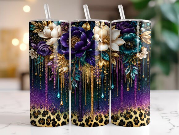 Floral Glitter Drip Leopard Tumbler Wrap Graphics