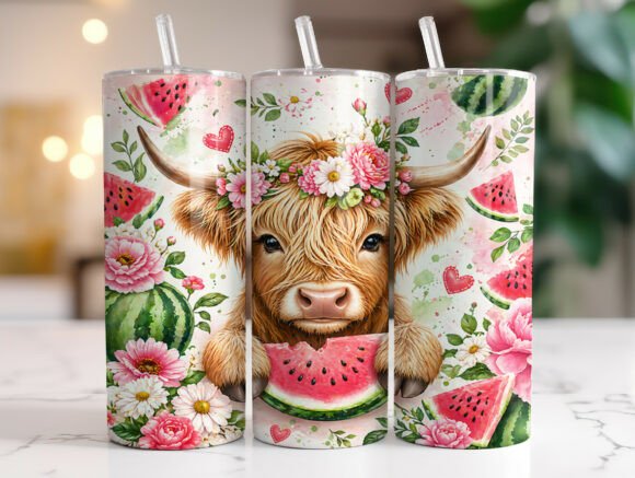 Highland Cow Watermelon Floral Tumbler Graphics