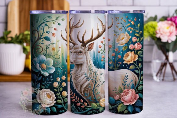 Majestic White Deer Floral Tumbler Wraps & Graphics