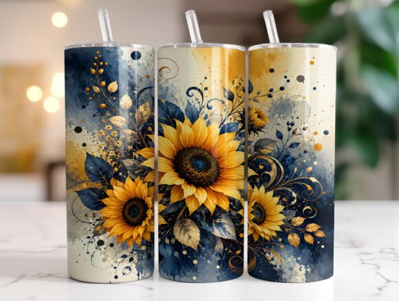Navy Gold Sunflower 20oz Tumbler Wrap Graphics