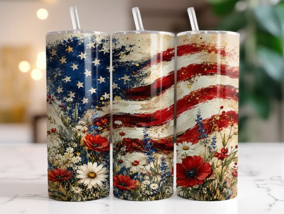 Patriotic Floral USA Flag Tumbler Wrap Graphics