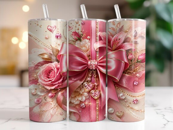 Pink Coquette Bow Floral Tumbler Wraps Graphics