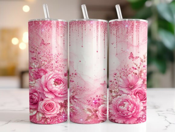 Pink Glitter Floral 20oz Tumbler Wrap Graphics