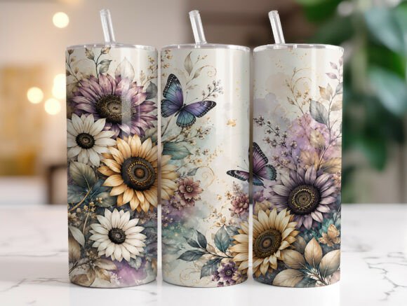 Sunflower Butterfly Floral Tumbler Wrap Graphics