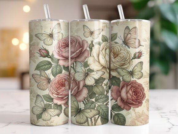 Vintage Rose Butterfly 20oz Tumbler Wrap Graphics