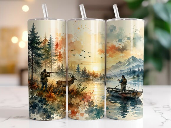 Watercolor Hunting Fishing Tumbler Wraps Graphics